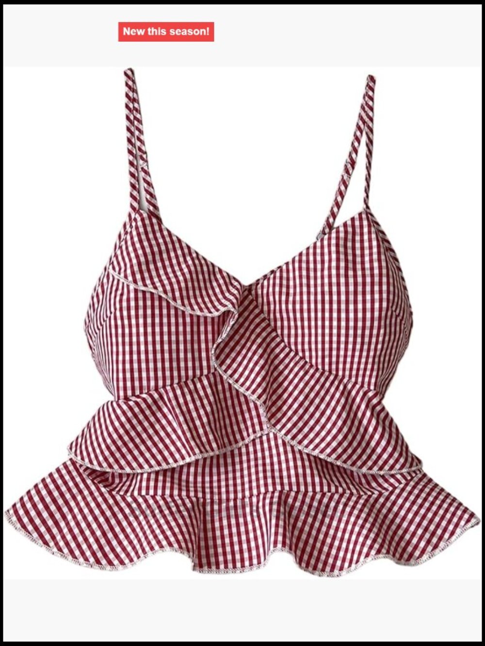 Gingham Print Spaghetti Strap Cami Top Ruffle Hem Peplum Sleeveless V-Neck